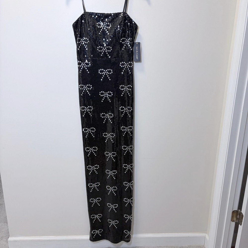 Seni & Cade Black Sequin Bow Maxi Dress Spaghetti Strap Gown Juniors Medium